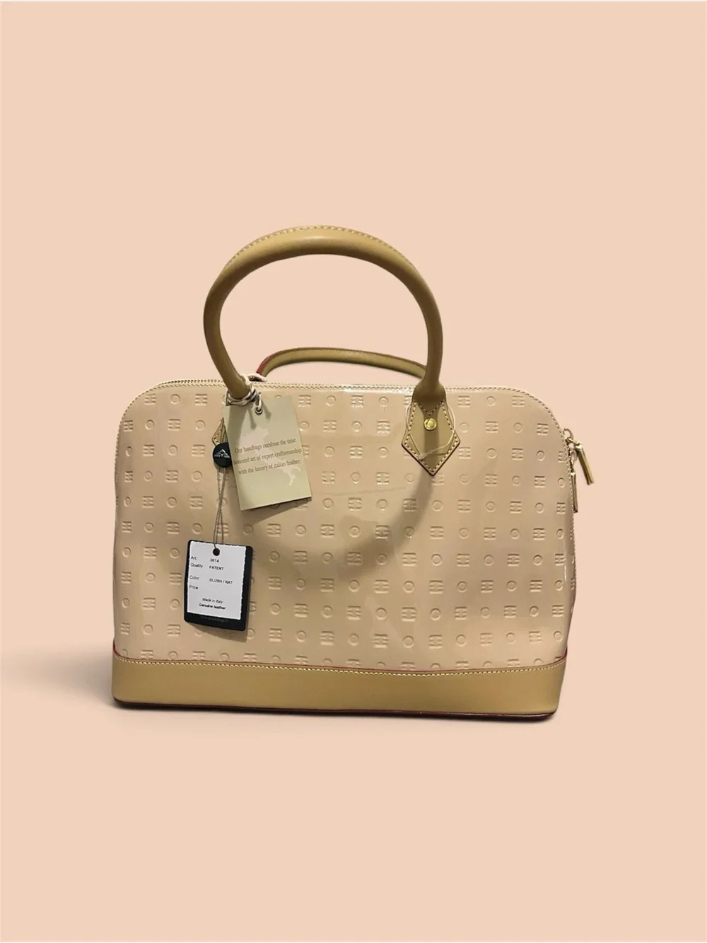 Arcadia Italy Blush Beige Embossed Monogram Patent Leather Dome Satchel NWT